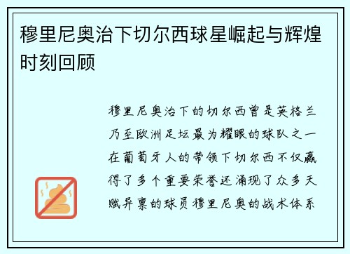 穆里尼奥治下切尔西球星崛起与辉煌时刻回顾